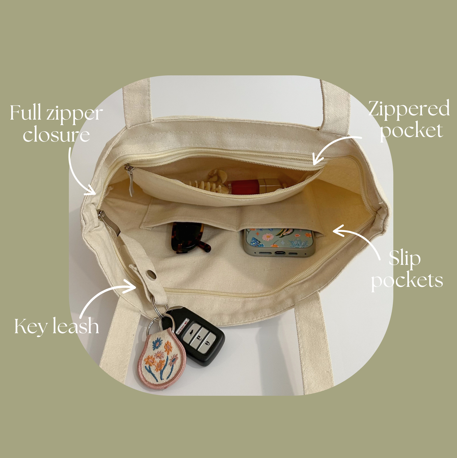 Beige tote bag with labeled features on a light green background